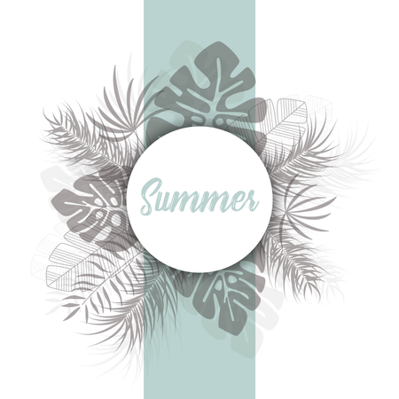 Tropisches Design mit dunklen Palmblättern und Pflanzen auf weißem Hintergrund mit Text „Sommer“  Illustration