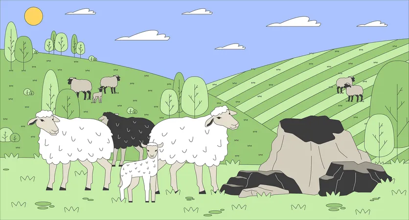 Troupeau de moutons paissant dans des pâturages vallonnés  Illustration