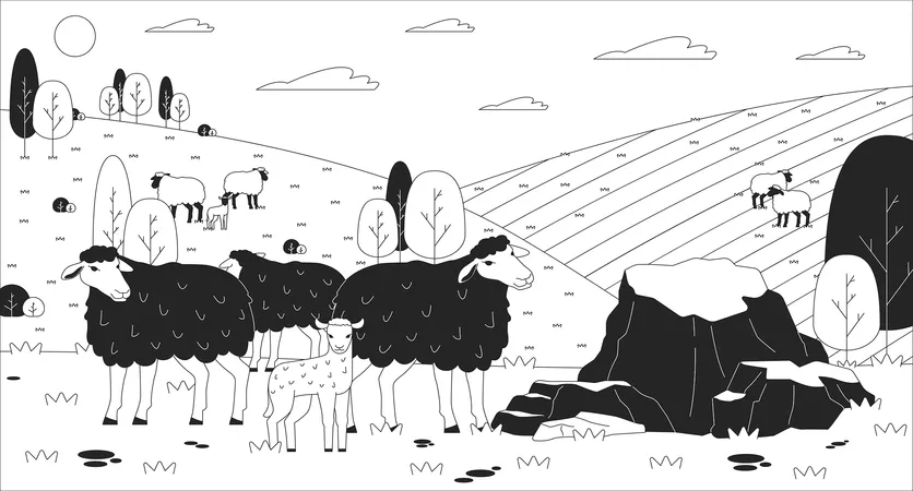 Troupeau de moutons paissant dans des pâturages vallonnés  Illustration