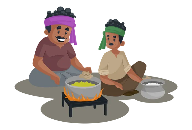 Truck driver is sitting with a man and making food on the stove Illustration