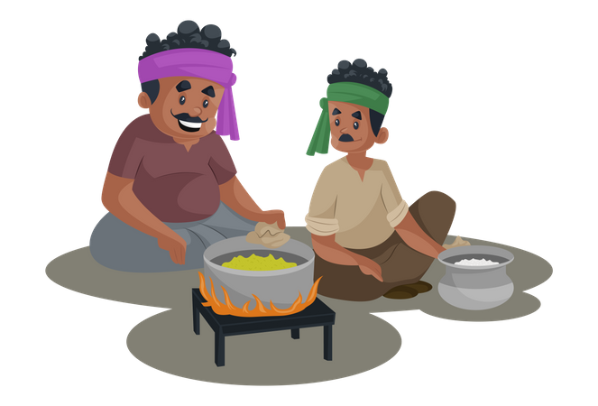 Truck driver is sitting with a man and making food on the stove  Illustration