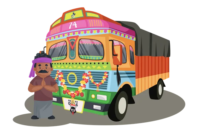 Truck driver is standing with the truck and greet Illustration