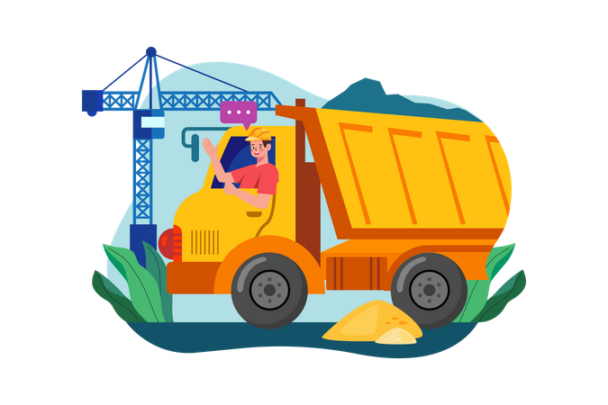 Truck Driver Rising Hand While Sitting In Construction Truck  Illustration