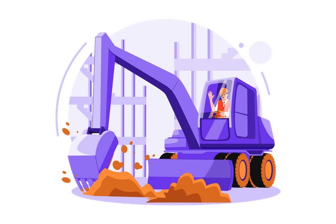 Truck driver rising hand while sitting in construction truck  Illustration