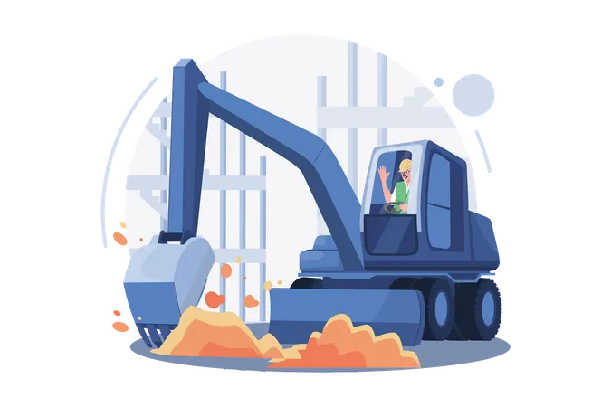 Truck Driver Rising Hand While Sitting In Construction Truck  Illustration