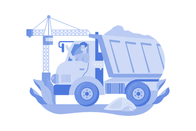 Truck Driver Rising Hand While Sitting In Construction Truck  Illustration