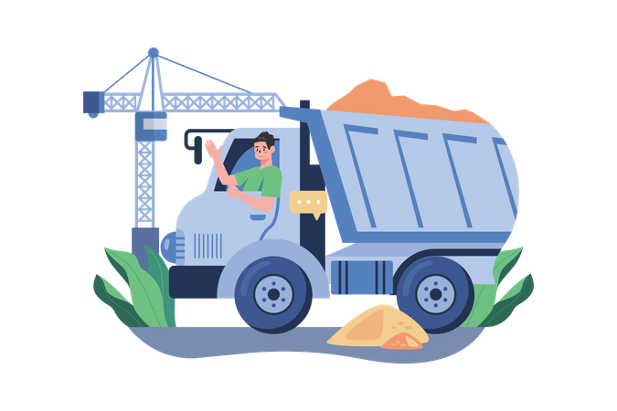 Truck Driver Rising Hand While Sitting In Construction Truck  Illustration