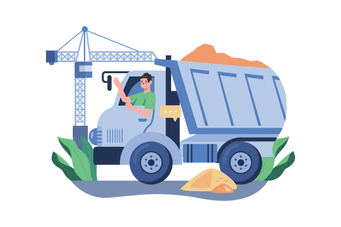 Truck Driver Rising Hand While Sitting In Construction Truck  Illustration