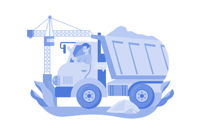 Truck Driver Rising Hand While Sitting In Construction Truck  イラスト