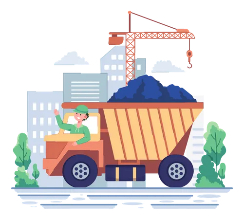 Truck driver rising hand while sitting in construction truck Illustration