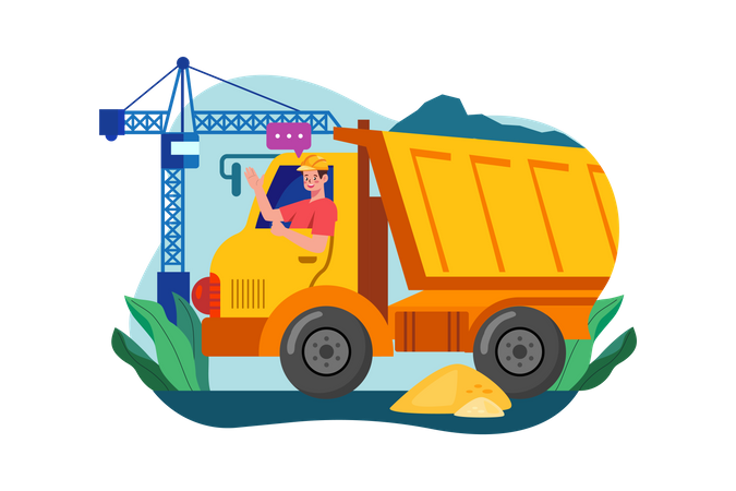 Truck Driver Rising Hand While Sitting In Construction Truck Illustration