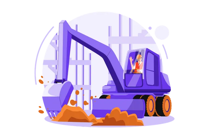Truck driver rising hand while sitting in construction truck Illustration