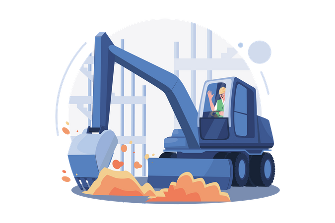 Truck Driver Rising Hand While Sitting In Construction Truck  イラスト