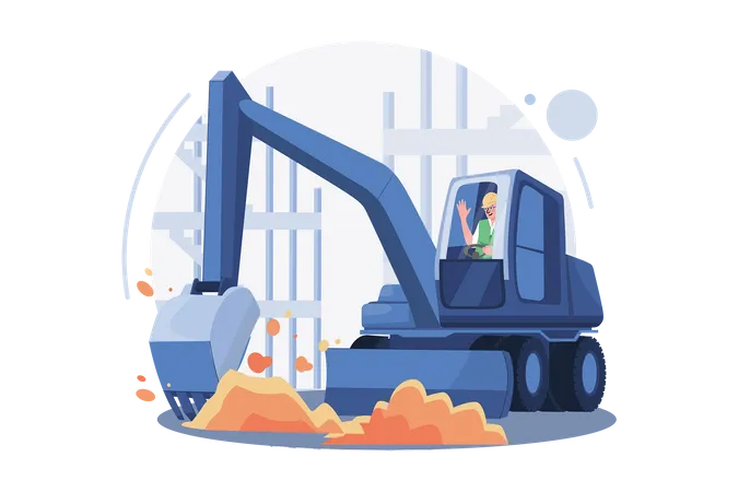 Truck Driver Rising Hand While Sitting In Construction Truck イラスト