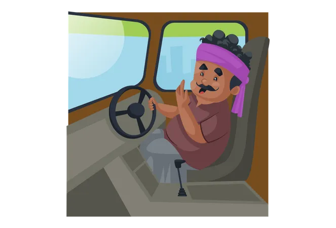Truck driver sitting in the truck and holding steering with one hand Illustration
