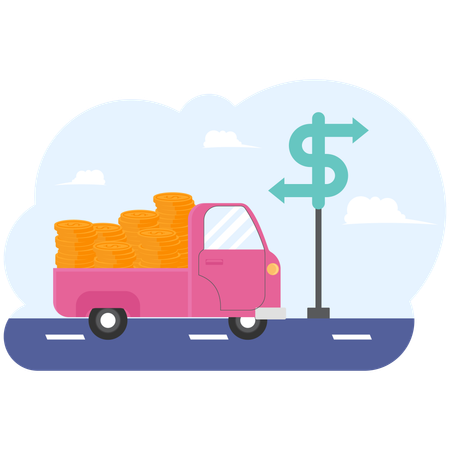 Truck transportation of money dollar in back on highway road  Illustration