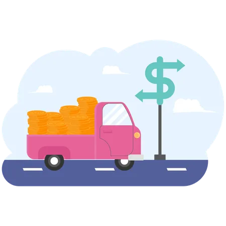 Truck transportation of money dollar in back on highway road  Illustration