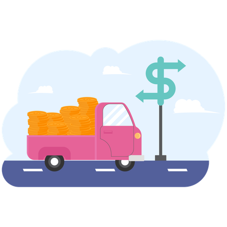 Truck transportation of money dollar in back on highway road  イラスト