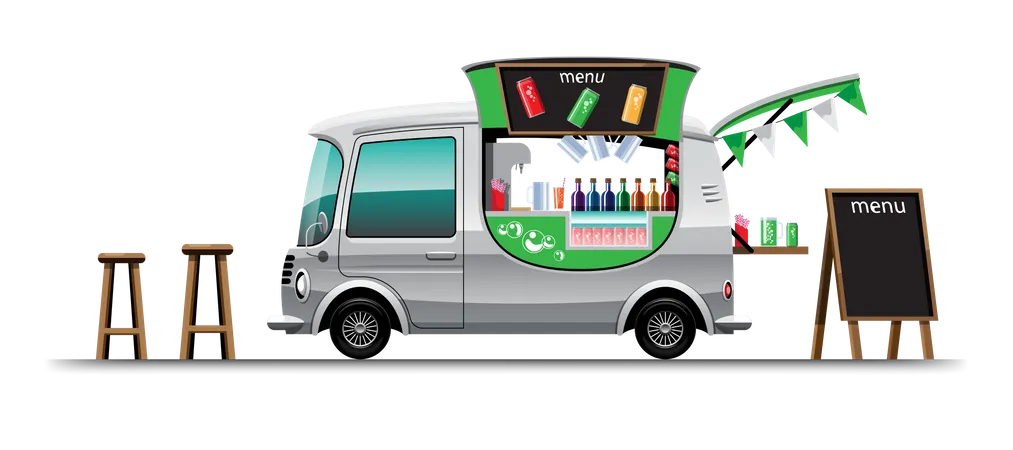 The Food Truck On Side View With Menu Of Beverage And Wooden Chair Banner Of Drink On Top Of Mini Car Vector Illustration Illustration