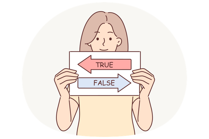 True and false sign in hands woman calling to make decion and make right choice from two options  Illustration