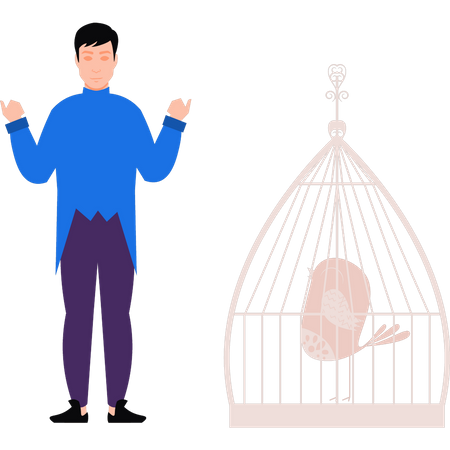 Mágico realizando truques com pássaro na gaiola  Ilustração