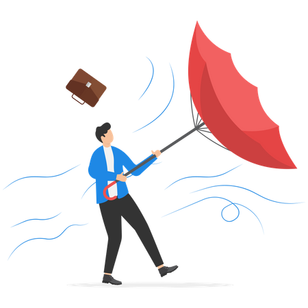 Trying To Catch Flying Umbrella From Rain And Wind  Illustration