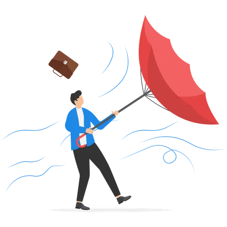 Trying To Catch Flying Umbrella From Rain And Wind  Illustration