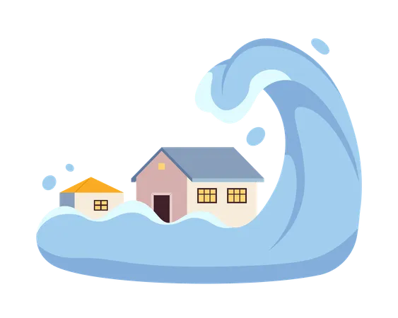 Tsunami Flat Concept Vector Spot Illustration Big Wave Cover Town Buildings Catastrophic Ocean Wave 2 D Cartoon Scene On White For Web UI Design Natural Disaster Isolated Editable Creative Image Illustration