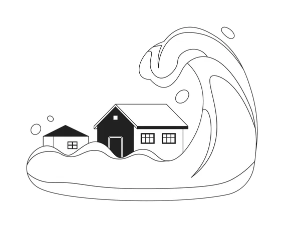 Tsunami Monochrome Concept Vector Spot Illustration Big Wave Cover Town Buildings Ocean Wave 2 D Flat Bw Cartoon Scene For Web UI Design Natural Disaster Isolated Editable Hand Drawn Image Illustration