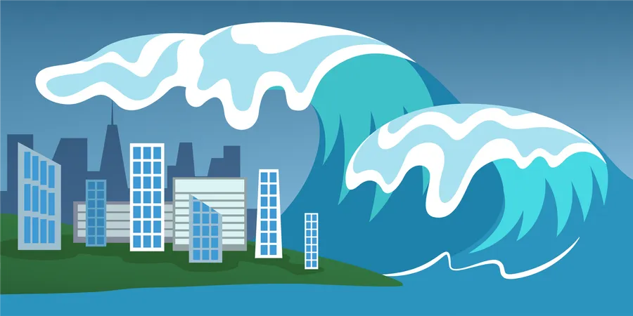 Tsunami Katastrophe Grosse Welle Bedeckt Die Stadt Katastrophe Und Katastrophe Naturlicher Hurrikan Sturm Im Ozean Vektorillustration Im Cartoon Stil Illustration