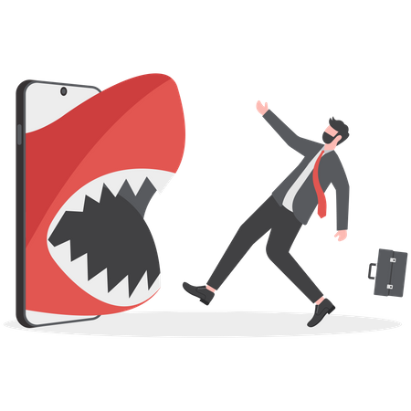 Tubarão irritado atacando empresário triste via smartphone  Ilustração