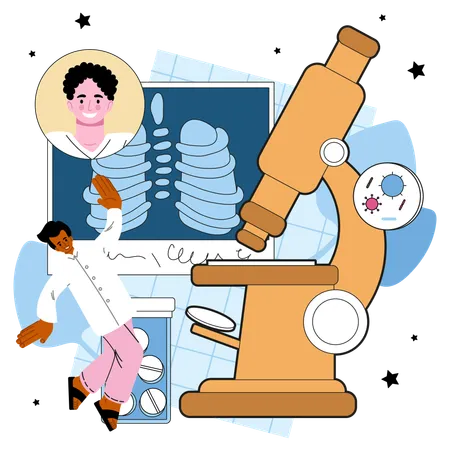 Tuberculosis Specialist Human Pulmonary System Diseases Diagnostic And Treatment Phthisiatrician Checking Human Lungs In Fluorography Flat Vector Illustration イラスト
