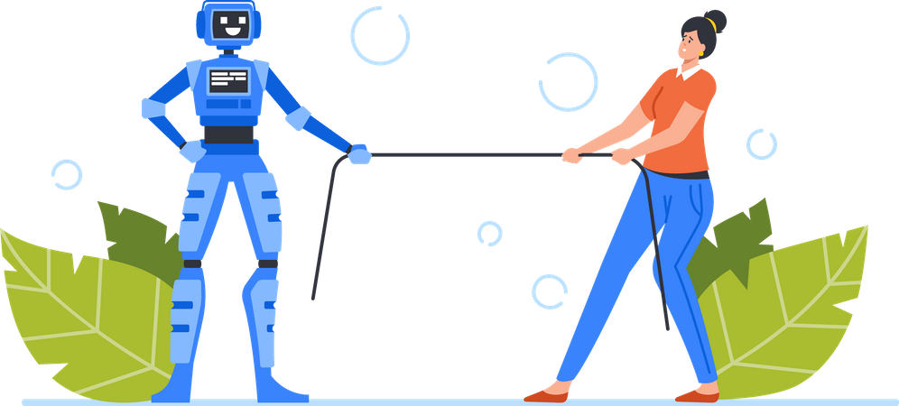 Tug of war fight between human and robots Illustration