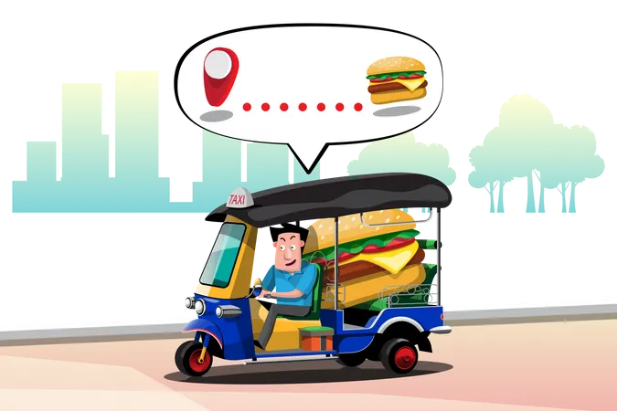 Conductor de tuk tuk entrega hamburguesa  Ilustración