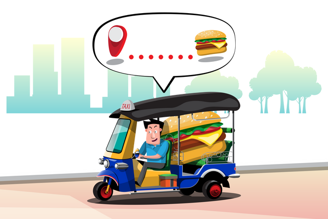 Tuk Tuk Driver Delivered Burger  일러스트레이션