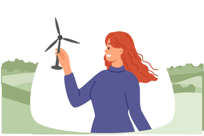 Turbina eólica en manos de una mujer con una sonrisa parada en la naturaleza y desarrollando energía alternativa  Ilustración