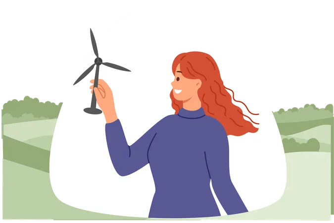 Turbina eólica en manos de una mujer con una sonrisa parada en la naturaleza y desarrollando energía alternativa  Ilustración