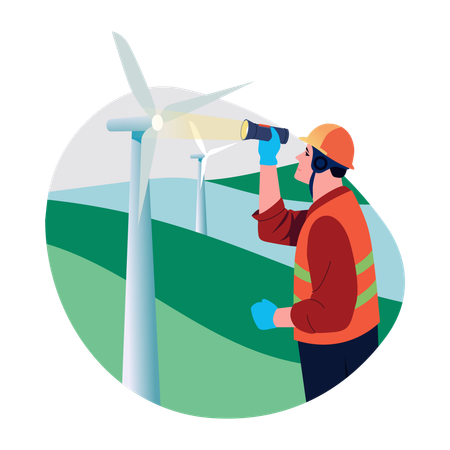 Turbine engineer looks at wind mill  Illustration
