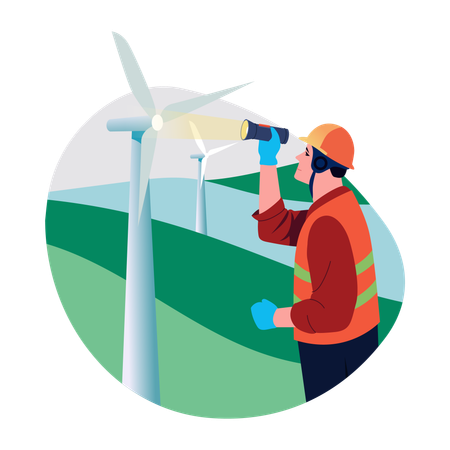Turbine engineer looks at wind mill  Illustration