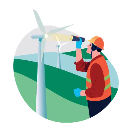 Turbine engineer looks at wind mill  Illustration
