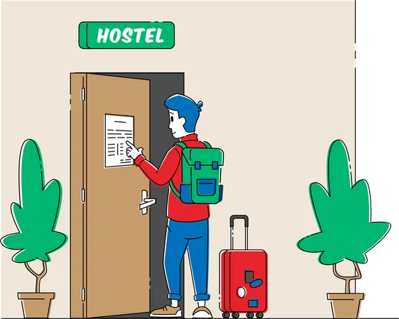 Turista com bagagem lendo notas ou regras no lobby do albergue  Ilustração