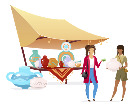 Turista comprando cerámica hecha a mano.  Ilustración