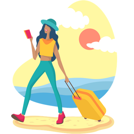 Turista con equipaje en la playa  Ilustración