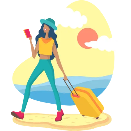 Turista con equipaje en la playa  Ilustración