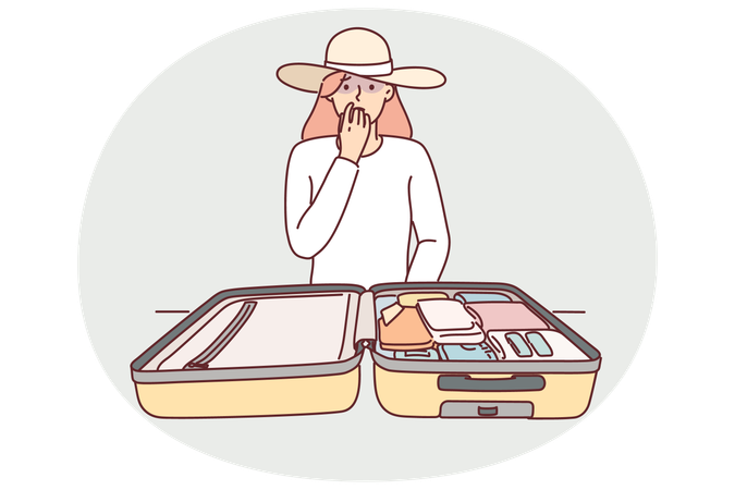 Mujer turista con maleta de viaje preocupada por perder sus pertenencias personales  Ilustración