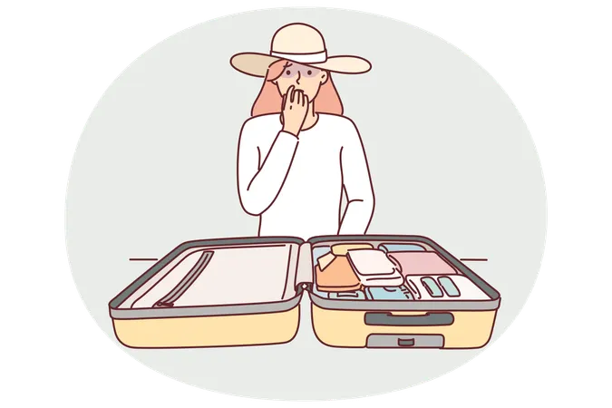 Mujer turista con maleta de viaje preocupada por perder sus pertenencias personales  Ilustración