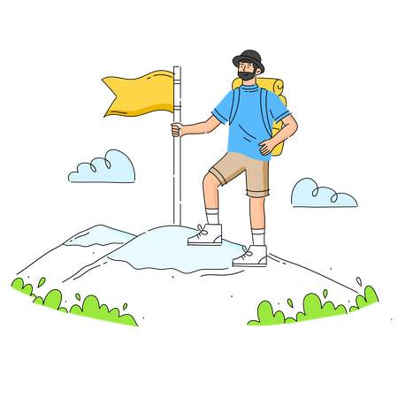 Turista con mochila y subiendo a la cima de la montaña y sosteniendo la bandera  Ilustración
