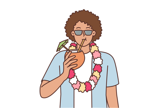 Turista de la isla de Hawaii bebe agua de coco  Ilustración