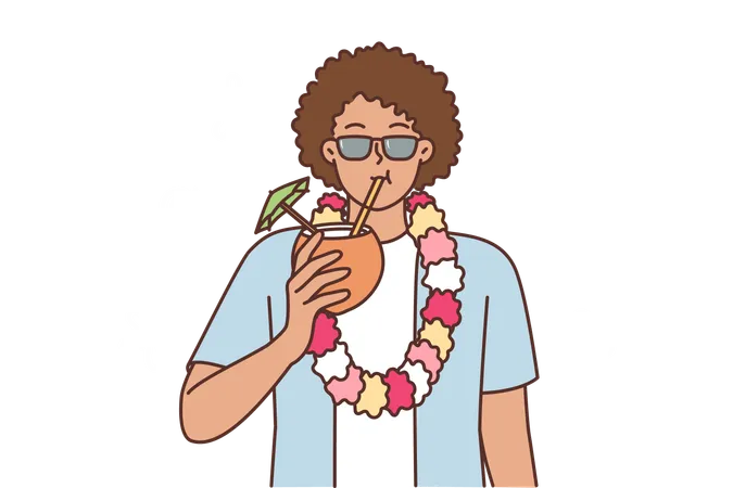 Turista de la isla de Hawaii bebe agua de coco  Ilustración