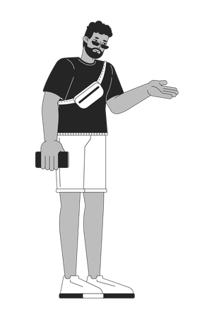 Hombre negro turista de verano sosteniendo el teléfono  Ilustración